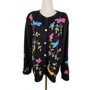 Morgan Cole Black Cardigan XL Vintage Embroidered Dragonflies Flowers